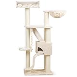 RHRQuality Kratzbaum für große Katzen – Kilimandjaro Deluxe – 195 cm hoch – mit 12 cm Sisalstämmen & luxuriösem Liegeplatz – hellgrau