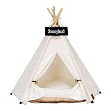 Sunnykud Tipi Zelt für Haustiere Hundezelt Katzenzelt Haustierzelte Häuser mit Kissen Abnehmbar und Waschbar Haustierbett Wegklappen Haustier Hundebett Katzenbett (M:50x50x60cm, weiß)