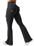 YEOREO CoreFlex Damen Flare Leggings mit 4 Pockets Invisible Scrunch Butt Sport Leggings High Waist Schlaghosen Workout Seamless Push Up Blickdicht Yoga Gym Legging Schwarz L