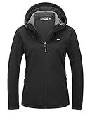 33,000ft Damen Fleece Gefütterte Softshelljacke Wasserdichte Funktionsjacke Fahhradjacke mit Kapuze Winddichte Übergangsjacke Windbreaker zum Radfahren, Wandern Schwarz 38