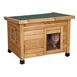 Kerbl Pet Katzenhaus Rustica, Braun/Grün, 57x45x43 cm, Holz, mit Schwingtüre, Plexiglasfenster, höhenverstellbare Kunststofffüße