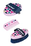 HKM Putzset Funny Horses Hearts für Ponys & Pferde – 3-teiliges Pflege-Set aus Striegel, Kardätsche & Mähnenkamm – Pferdezubehör mit Herzaufdruck, Rosa