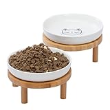 Lusifaco Keramik Katzennapf Erhöht, 15 cm Breite, Erhöhter Katzennapf aus Keramik mit Bambusständer, Schnurrhaarfreundliche Katzen Futternapf, Futterstation Katze, Fressnapf Kätzchen(2er-Set)