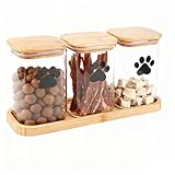 Geyecete Set von 3 Glas Hund Leckerlidose,1000ml Versiegelter Hunde Katzen Futterbehälter mit Holz Deckel,Futteraufbewahrung für Hunde und Katzen mit Tray,Hundekeksbehälter