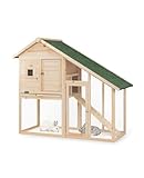 lionto Kaninchenstall aus Holz auf Zwei Etagen mit Rampe, 140x65x119 cm, wasserabweisendes Bitumendach & Drahtgitter, Hasenstall Winterfest für draußen mit 2 Eingängen & herausnehmbarer Schublade