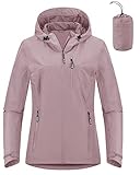 Outdoor Ventures Damen Regenjacke 10000MM Wasserdicht Leichte Gefüttert Packbar Sportjacke Funktionsjacke Atmungsaktiv Fahrrad Jacke mit Kapuze Rosenpulver M
