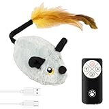 Katzenspielzeug Elektrisch Spielmaus mit Federschwanz Katzenspielzeug Maus Elektrisch mit LED Licht USB Realistische Mausgeräusche Interaktive Spielzeug Maus für Katze Hunde (Grau + Fernbedienung)