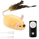 Katzenspielzeug Elektrisch Spielmaus mit Federschwanz Katzenspielzeug Maus Elektrisch mit LED Licht USB Realistische Mausgeräusche Interaktive Spielzeug Maus für Katze Hunde (Gelb + Fernbedienung)