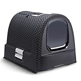 Curver petlife Katzentoilette mit Deckel, Katzenklo inklusive Schaufel, moderne Rattangeflecht-Optik, anthrazit, 51,5 x 38,5 x 40 cm