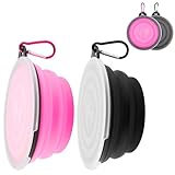 2 Stück Faltbare Hundenäpfe, Karabiner im, Auslaufsichere Reisenäpfe aus Silikon für Hunde und Katzen, Ideal für Wasser und Futter (350ml Mit Deckel, Pink und Schwarz)