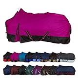 RL24 - Weidedecke 600D Basicline – Regendecke & Übergangsdecke – Wind- & wasserdichte Outdoordecke mit Innenfutter & Kreuzbegurtung – Pferdedecke in Beere/Schwarz – 145cm (Polarfleecefutter)