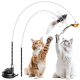 2 Set Katzenspielzeug Selbstbeschäftigung, Interaktives Katzenspielzeug Intelligenz Katzen Spielzeug mit Vogel Federn, Katzenspielzeug Angel, Katzenangel Stabil mit Saugnapf Cat Toys Federspielzeug