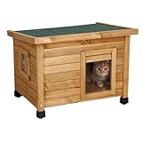 Kerbl Pet Katzenhaus Rustica, Braun/Grün, 57x45x43 cm, Holz, mit Schwingtüre, Plexiglasfenster, höhenverstellbare Kunststofffüße