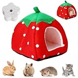 UOCAI Kaninchen Zubehör Winter, Kuschelsack Meerschweinchen Haus faltbares, Erdbeer Kuschelbett für Kleintiere, Ratten Zubehör für Käfig, Kaninchen Bett & Meerschweinchen