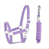 JA4002 Halfter Führstrick Set mit Panikhaken verstellbar Pferdehalfter Pferd Holzpferd Anbindestrick (Panikhaken Lavender, Mini Shetty)