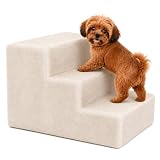 lionto Haustiertreppe mit Plüschbezug, 46x36x34 cm, robuste Hundetreppe mit niedriger Stufenhöhe von 10cm, gelenkschonend, Bezug abnehmbar & waschbar, Treppe ist bis 50 kg belastbar, beige