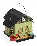 POANES Metall Vogelfutterspender Wetterfest, Hausform Vogelfutterhaus mit Zwei Suetkäfigen, Regendichte Wildvogel Futterstation zum Aufhängen für Garten Balkon Ganzjahresnutzun(Schwarz-Grün)