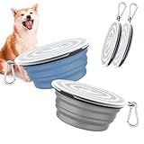 Pawaboo Faltbar Hundenapf, 2 Stück 450ml Hund Reisenäpfe Tragbar Silikon Auslaufsicher Trinknapf Fressnapf mit Deckel und Karabiner für Hunde Katzen Spaziergänge Unterwegs, Blau + Grau