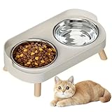2 Stück Katzennapf - Erhöhter Katzen Napfset Edelstahl Doppelt Katzennäpfe mit Ständer und Spritzschutz rutschfeste Fressnapf Katze Napf - Futternapf Wassernapf Set für Katzen und Kleine Hunde, Weiß