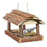 Relaxdays Vogelfutterhaus Holz, mit Rinde und Moos, zum Hängen, HBT: 19x21x23 cm, Futterspender Kleinvögel, Natur