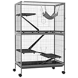 PawHut Freigehege Kleintiergehege mit ausziehbarem Tablett, Hängematte, Rampen, Rollen Kleintierkäfig Gehege für Kleintiere, Eichhörnchen Chinchilla, 80 x 52 x 128 cm Grau