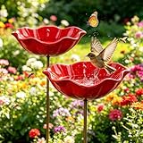 2Stück Vogeltränke Blume Winterfest Futterstation Vögel,Insektentränke Blumes Für Den Garten,Vogeltränke Metall Gartenstecker,Bienentränke Gartens Für Bienens,Futterschale, Für Rasen (2Pcs Rot)