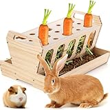 DOUBFIVSY Große Hölzern Heuraufe für Kaninchen, Futterraufe mit Karottenhalter, Unbehandeltes Naturholz, 30 x 22 x 18 cm, Selbstfütterung für Kaninchen, Meerschweinchen, Hasen, Hamster, Mäuse, Ratten
