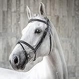 SUNRIDE Englisch kombinierte Trense für Pferde (London) - mit Zügeln - weiches Echtleder - extra Polsterung - anatomisch, verstellbar - handgefertigt - mit Ziernähten - rostfrei - schwarz (Pony)