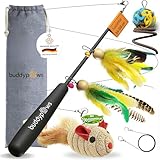 buddypaws® Katzenangel stabil mit 4 Anhängern & Katzenminze – Ausziehbar 42-104 cm – Flexibles Glasfasermaterial – Katzenspielzeug Set mit Ersatzschnur – Spielangel für Katzen - Cat Toys