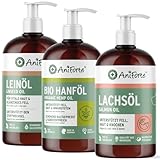 AniForte Barf-Öl Set 3 je 500ml Bio Hanfsamenöl, Lachsöl & Leinöl für Hunde & Katzen – Barf Zusatz Öle, kaltgepresst & natürlich ohne Zusätze, Barföl reich an Omega 3 & 6 Fettsäuren, Futter Zusatz