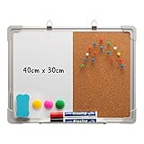 DOEWORKS Kombitafel 40 x 30cm Magnettafel Whiteboard & Kork Pinnwände zum Aufhängen, Doppelseitig Tafel für Hause Büro Schule