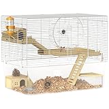 PawHut Hamsterkäfig mit 3 Ebenen, Nagetierkäfig mit Laufrad, Tiefe transparente Platte, Hütten, Rampen, Wasserflasche, Futternapf, Sandkasten, 59 x 35,5 x 47 cm, Weiß