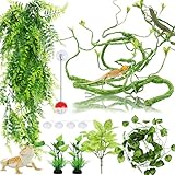 QUOZUO Hängepflanze Terrarium Zubehör, kunstpflanze hängend, Künstliche Pflanzen Reptilien Terrarium Kletterreben Blätter, Chamäleon Terrarium Deko für Eidechsen, Schlangen