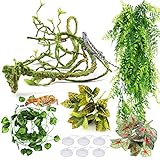 PietyPet Hängepflanze Terrarium Zubehör, Gecko Lebensraum Deko Bartagame Reptilien Künstliche Pflanzen Kletterreben Blätter, Chamäleon für Eidechsen, Schlangen, Leguan